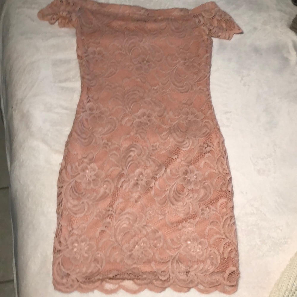 Pink lace off the shoulder dress
